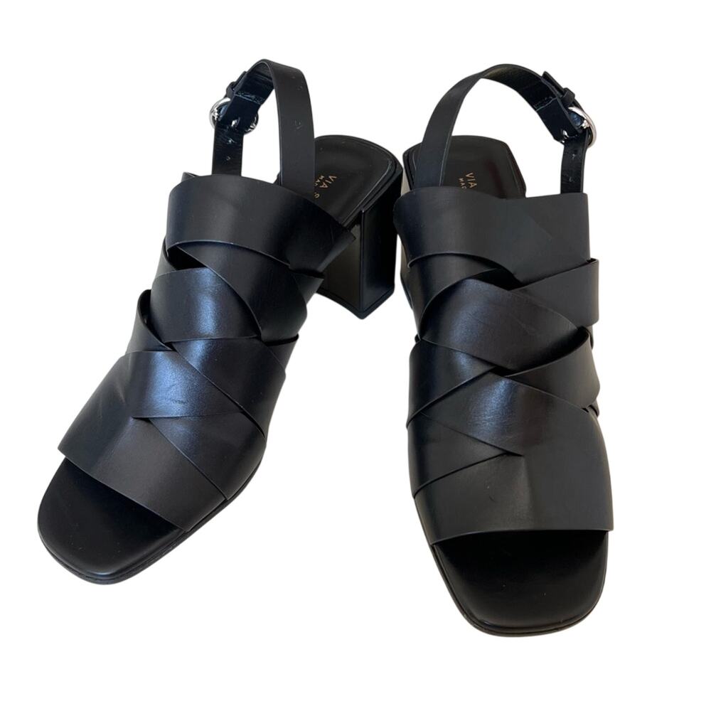 Via Spiga Black Leather Criss Cross Block Heel Open Square Toe Sandal Womens 8